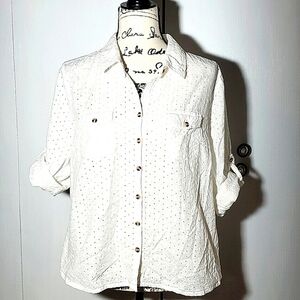 Croft & Barrow White Eyelet Top Rolled tab sleeves Cottagecore Sz. Xl petite